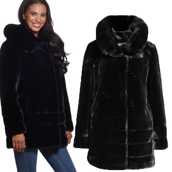 GALLERY Hooded Faux Fur Hooded Coat Black Cozy Soft plush Size Lg NWT - Picture 1 of 10